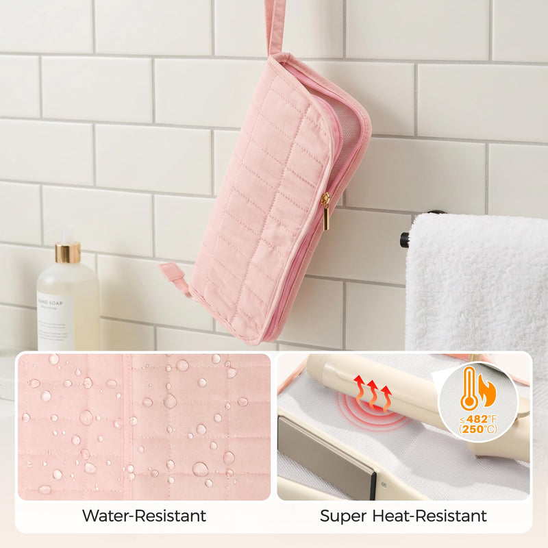 Elviros Toiletry Bag for Men and Heat Resistant Travel Case Bundle, Large PU Leather Shaving Dopp Kit and Pink Hair Tool Organizer Bag with Mat Pouch for Straightener, Curling Iron, Flat Iron and Hair