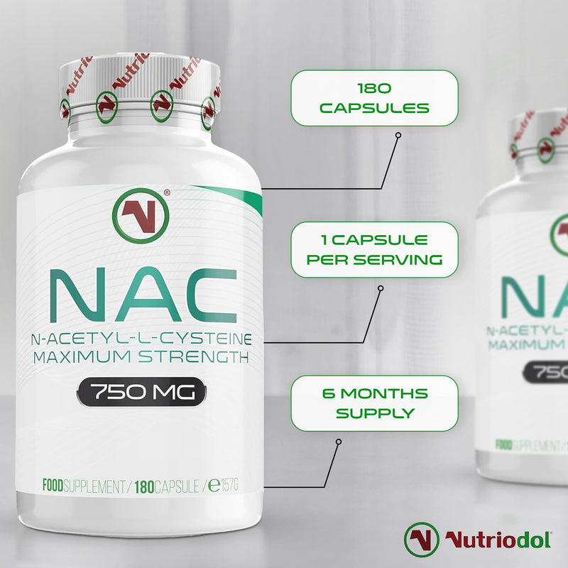 NAC Supplement 750mg | Vegan Capsules | N-Acetyl-Cysteine Amino Acid - High Bioavailability - Providing Non Toxic Stable Form of L-Cysteine - EU Made to ISO and GMP Standards (180) 180 count (Pack of 1)