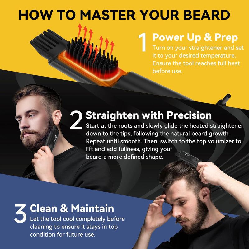 [Australia] - VIKICON 3 in 1 beard straightener brush for men, professional beard comb with volumizer, 4 heat settings (120-220℃) beard straightener, ion beard straightener brush for home/travel, beard and hair styling 