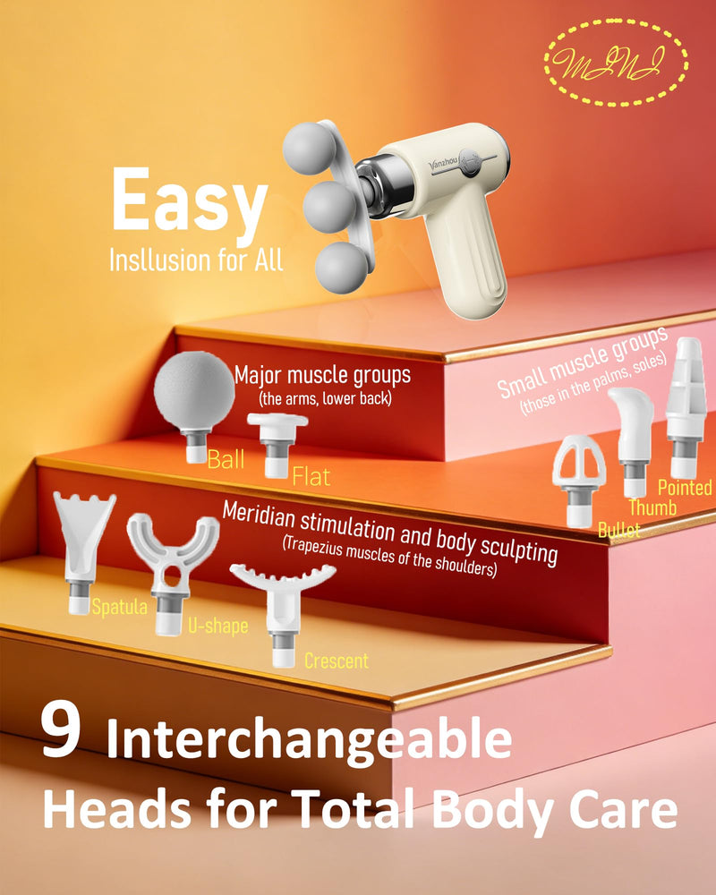 Mini Massage Gun Deep Tissue, Portable Handheld Massage Gun for Muscle Recovery, Quiet Percussion Massager with 9 Heads, Lightweight USB-C Rechargeable Massage Gun for Travel, Gym & Office Beige