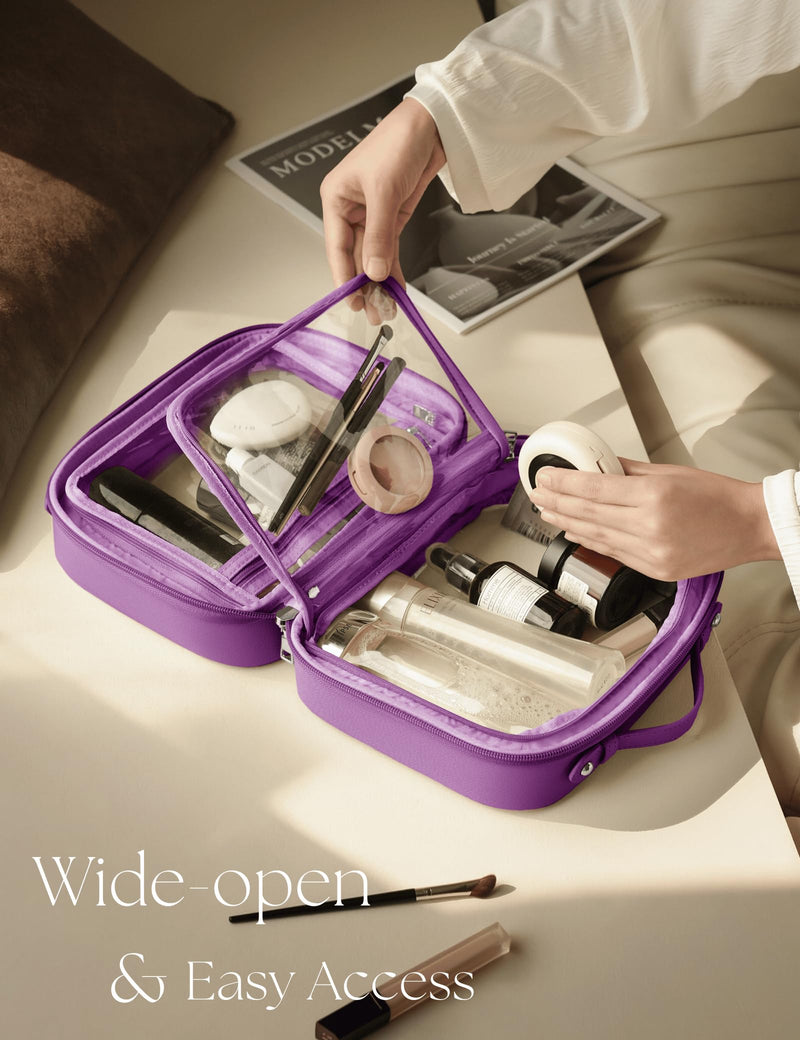 Clear Cosmetic Bag Double Layer Travel Toiletry Bag Clear Makeup Bag Case with 4 Compartments, Transparent Travel Bag for Toiletries, Large Toiletry Bag for Women Cosmetic Case (Purple, Large) Purple