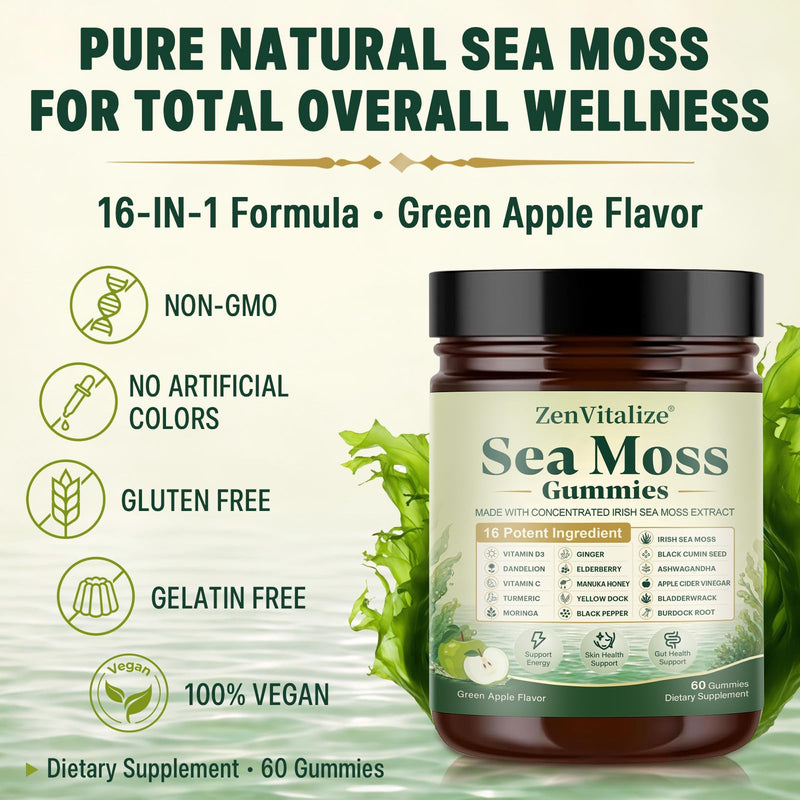 Sea Moss Gummies 16-in-1, Irish Sea Moss Supplement for Women & Men with Black Seed Oil, Ashwagandha, Bladderwrack, Burdock Root, Elderberry, Vitamins C & D3, 60 Count