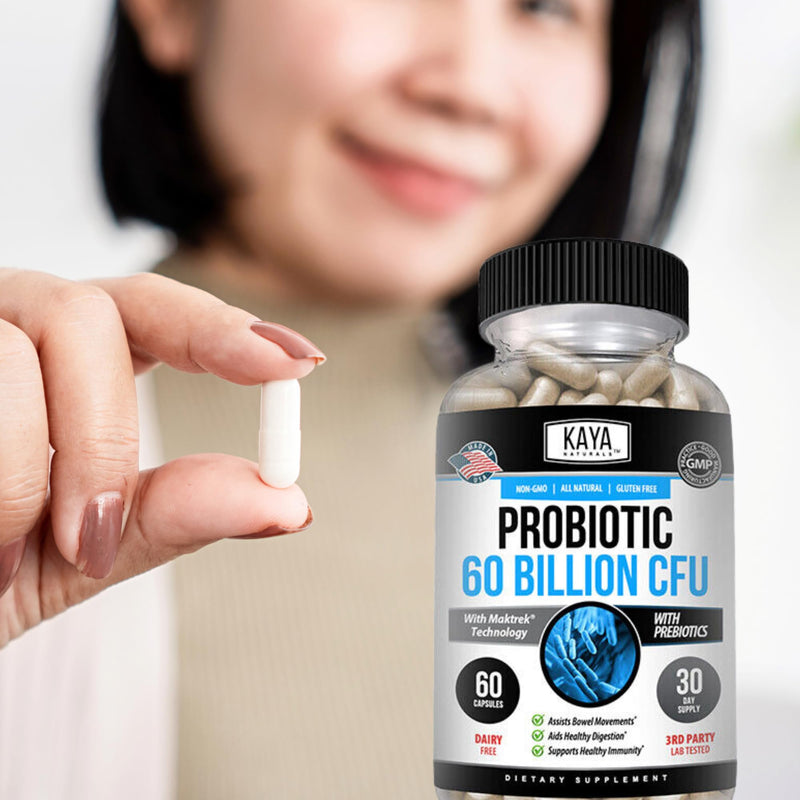 Kaya Naturals Probiotic 60 Billion CFU - Probiotics for Women, Probiotics for Men and Adults, Natural - Gut Health & Immune Support Supplement - Provides Digestive Support - 60 Vegetable Capsules 60 Count (Pack of 1)