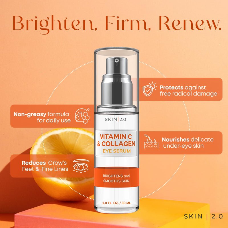 Skin 2.0 Vitamin C & Collagen Under Eye Serum – Dermatologist Tested, Anti Aging Korean Skin Care – Targets Dark Circles, Puffiness & Fine Lines for Smoother, Firmer Eyes – Vegan Clean Beauty, 1 fl oz Vitamin C & Collagen Eye Serum