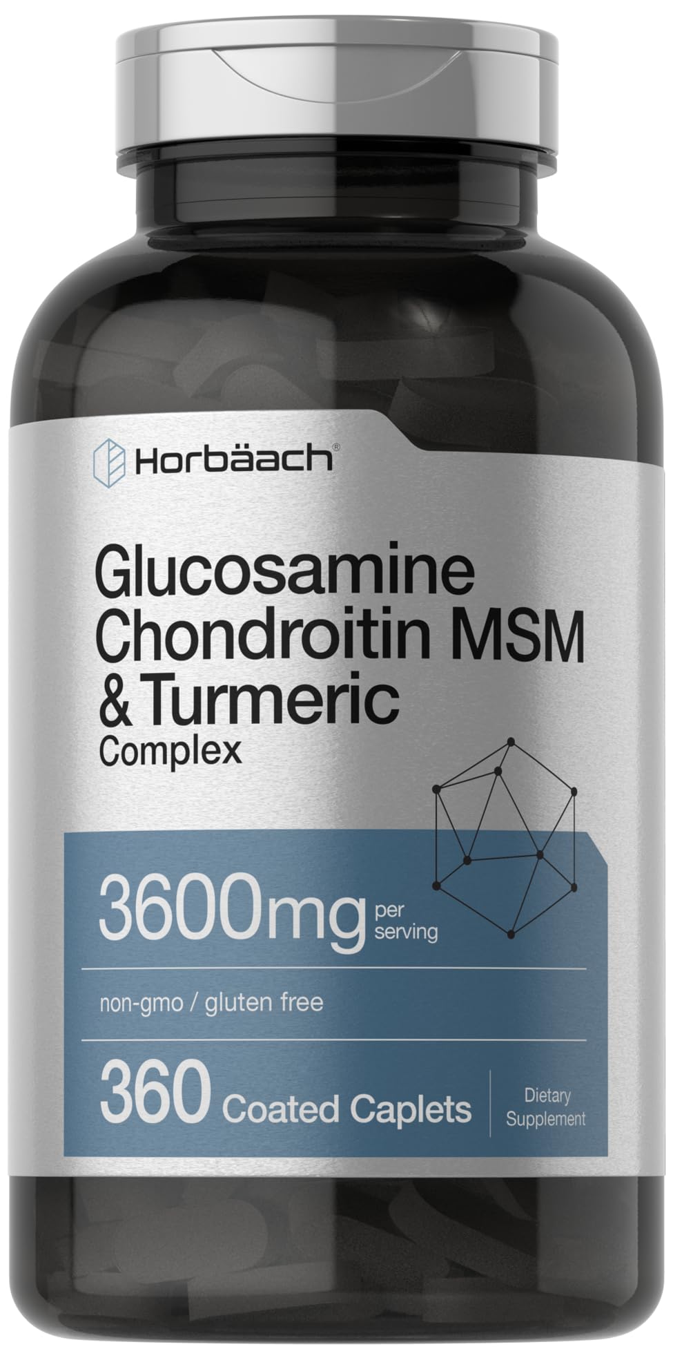 Horbäach Glucosamine Chondroitin MSM | 3600 mg | 360 Caplets | Advanced Formula with Turmeric | Non-GMO, Gluten Free 360 Count (Pack of 1)