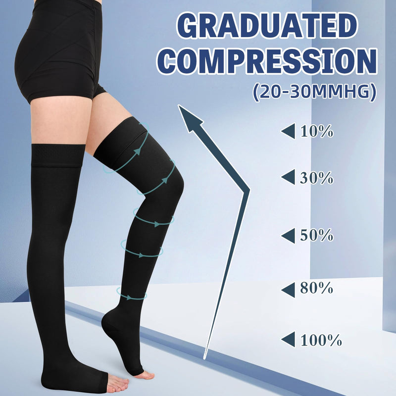 [Australia] - 20-30 mmHg Compression Stockings for Women & Men,Thigh High Medical Compression Socks,Support Graduated Compression Hose Sock for Treatment Varicose Veins Swelling-Closed Toe/Open Toe/Footless Large Open Toe-Black 