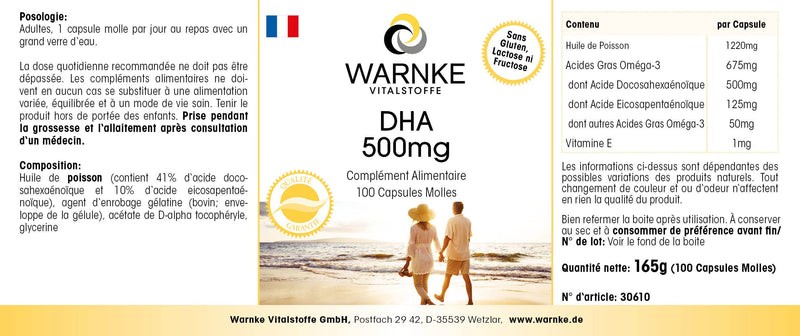 [Australia] - Warnke DHA 500mg from fish oil - 100 softgels - docosahexaenoic acid with eicosapentaenoic acid - omega-3 fatty acids - high dosage | Warnke vital substances - German pharmacy quality 