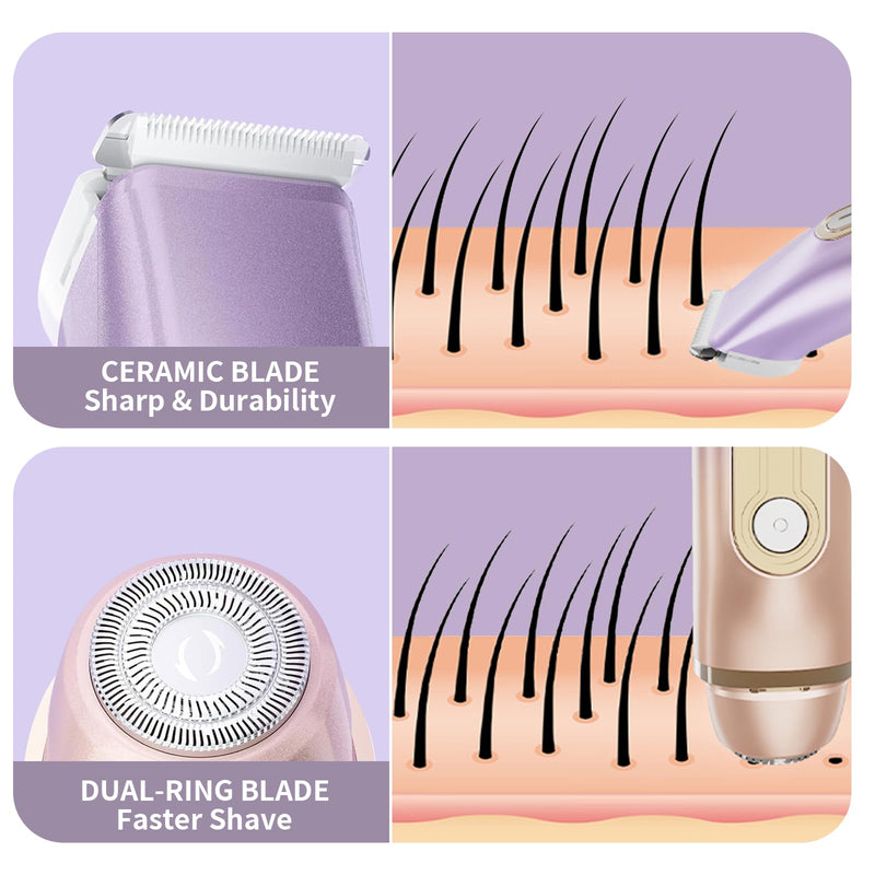 [Australia] - 2-in-1 Bikini Trimmer for Women, Dual Head Electric Razor, IPX6 Waterproof Wet/Dry Use Women Electric Shaver, Painless Body Hair Trimmer, Facial & Pubic Hair Remover for Underarm, Leg, Arm, Purple 