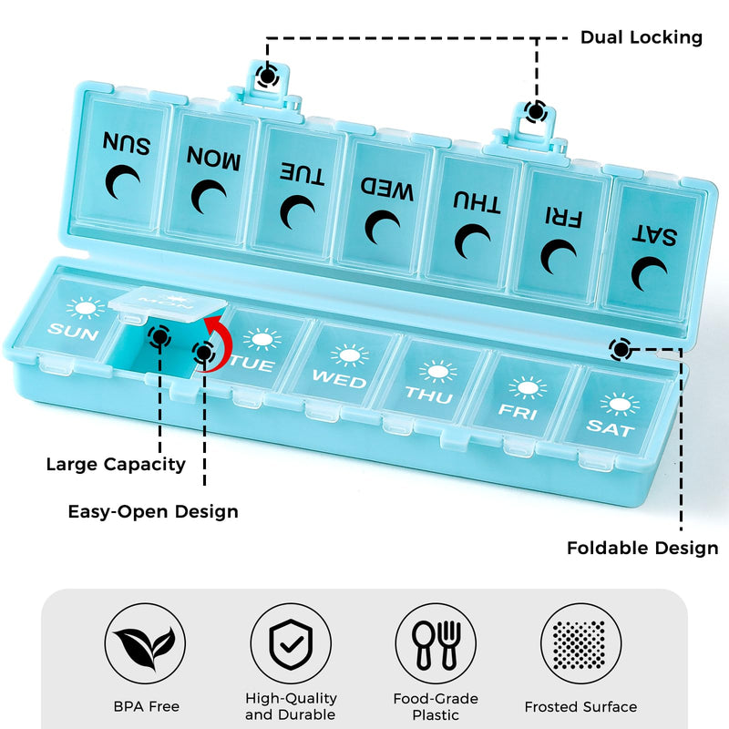 Foldable Pill Organizer Weekly 2 Times a Day, 7 Day Portable AM PM Travel Pill Case with Black&White Labels, Dual-Protection Daily Medicine Box, Large Pill Container for Vitamin/Supplement-Blue Blue