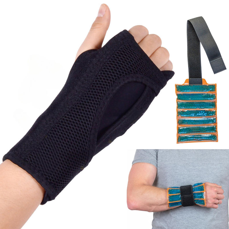 BodyMoves Wrist brace night support splint with hot and cold gel pack wraps right or left hand compression for carpal tunnel tendonitis pain sprained wrist training work out rehabilitation recovery