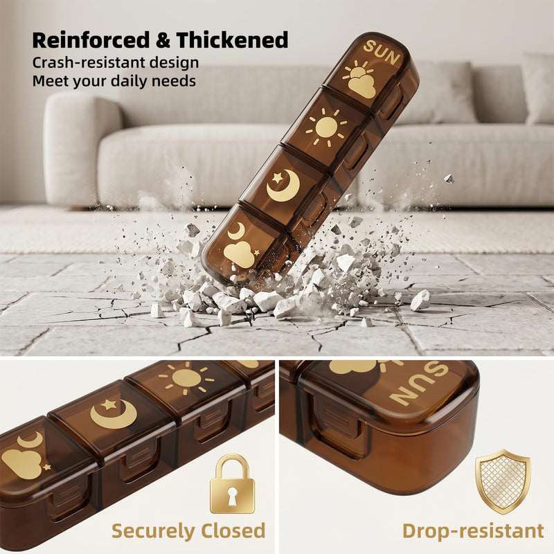 Weekly Pill Organizer 4 Times a Day, 32-Compartment Medicine Box with Moisture-Proof Sealed Lids, Privacy Protection Portable Vitamin Container for Travel Business Trip Elderly(Brown) Brown