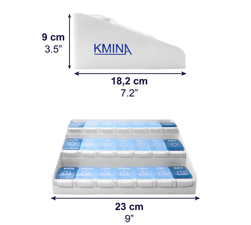 KMINA Extra Large Pill Organizer 3 Times a Day, Weekly Medicine, 7 Day Pills Box Case with Push Button for Big Vitamin Supplements, Patented, Made in Europe