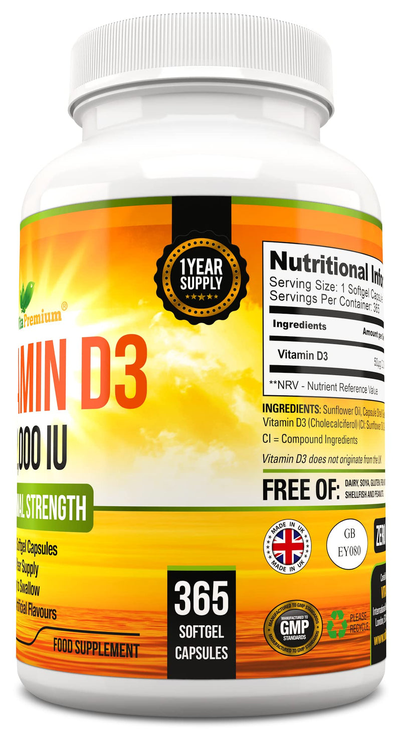 Vitamin D 2,000 IU, Optimal Strength Vitamin D3 Supplement, 365 Easy to Swallow Softgels - Full Year Supply 365 count (Pack of 1)