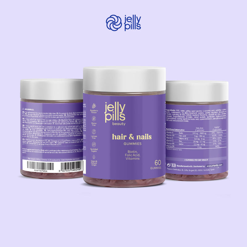 Jelly Pills® Gummies with Biotin 5000 mcg, Folic Acid and 7 Vitamins - No Added Sugars - 60 Raspberry Flavoured Vegan Gummies to Reduce Hair Loss - Hair and Nails