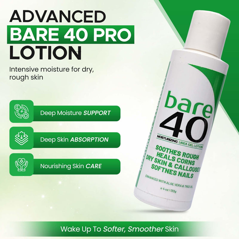 Professional Bare 40 Pro Urea lotion with 40% Urea Cream for feet | Urea Cream for Dry, rough skin, Hydrating & Exfoliating Formula for Dry, Enriched with Tea Tree Oil, Aloe Vera & Jojoba Beads