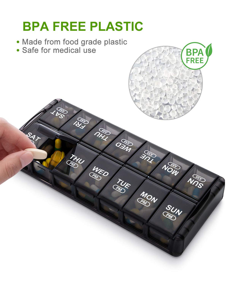 Sukuos Weekly Pill Organizer 7 Day 2 Times a Day, Quick Fill Daily Pill Box (AM PM), Extra Large Pill Cases for Vitamin/Fish Oil/Supplements, Arthritis Friendly, Easy to Clean Black