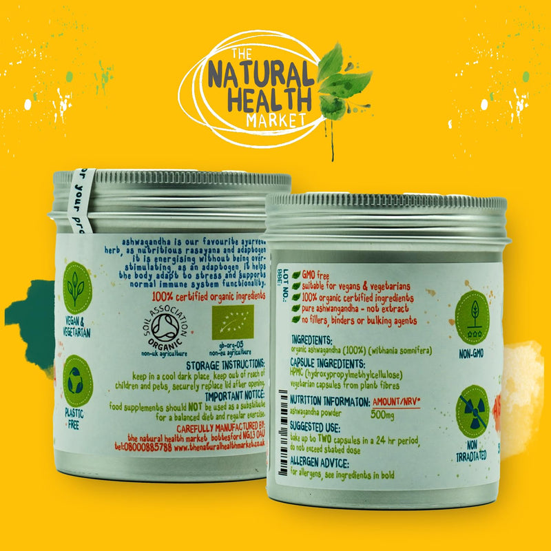 The Natural Health Market Organic Ashwagandha Capsules 500mg | High Strength Ashwagandha Root Extract | Soil Association Certified | Vegan Adaptogen Herbal Supplement | 120 Capsules | Made in the UK 120 count (Pack of 1)