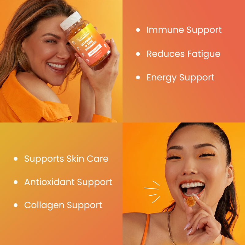 Vitammies Vegan Sugar Free Vitamin C and Zinc Gummies – Chewable Orange Lemonade Flavor Gummies Vitamins Adults and Kids – 200mg Vitamin C Per Serving for Daily Wellness (120 Units)