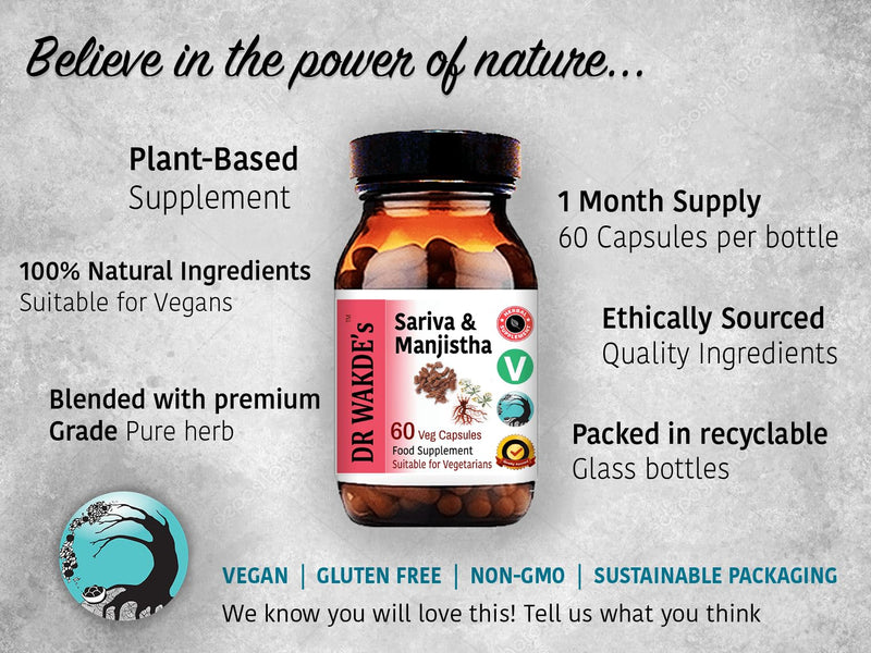DR WAKDE'S Sariva & Manjistha Capsules (60 Veg Caps, Detoxifying Herbs, Supports Healthy Skin, Ayurvedic Supplement, Vegan, Herbal, All Natural, Made in UK)