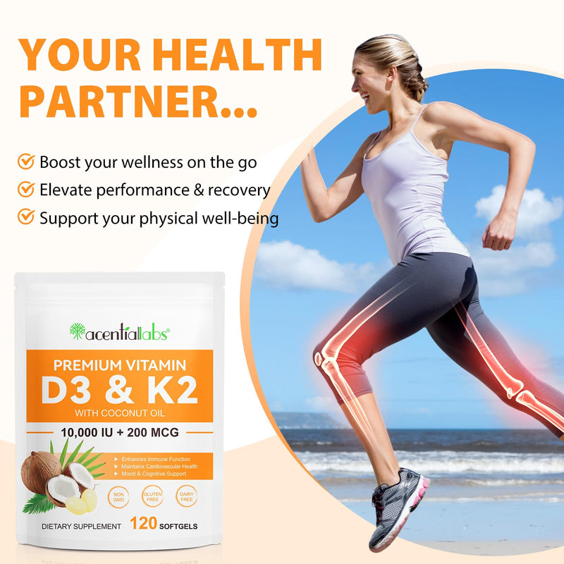 Premium Vitamin D3 & Vitamin K2 (MK-7) 120 Virgin Coconut Oil Softgels, 2 in 1 Vitamin D3 K2 Supplement Support Immune, Bones & Muscle Health, Easy to Swallow and Absorb | Gluten Free