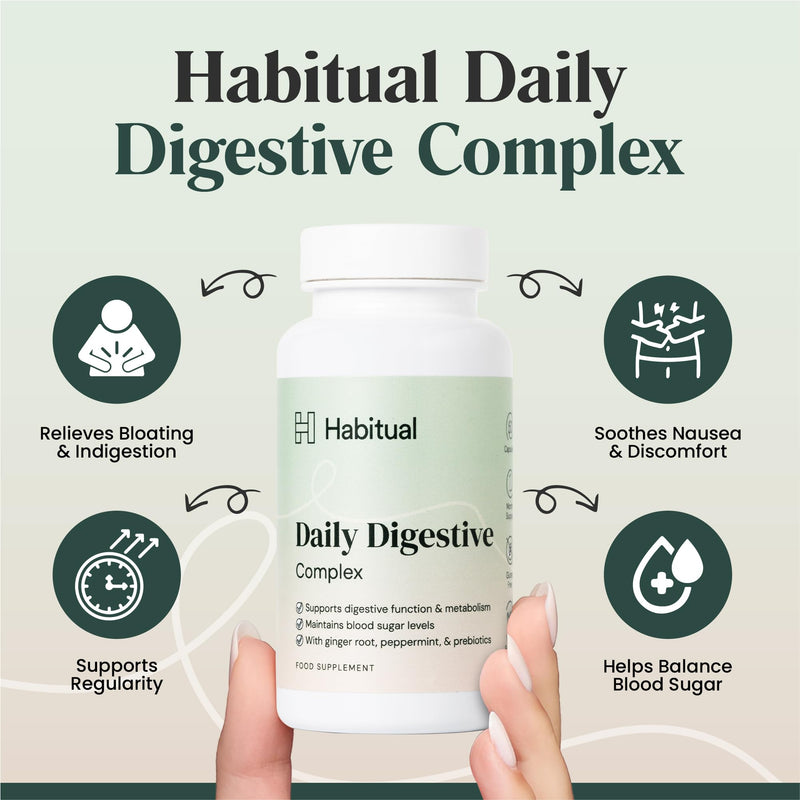 Habitual Daily Digestive Complex | Vegan Gut Health Supplement for Bloating, Indigestion & Metabolism Support | Prebiotic & Botanical Blend with Ginger, Peppermint, Fennel, Calcium, & Vitamin B6