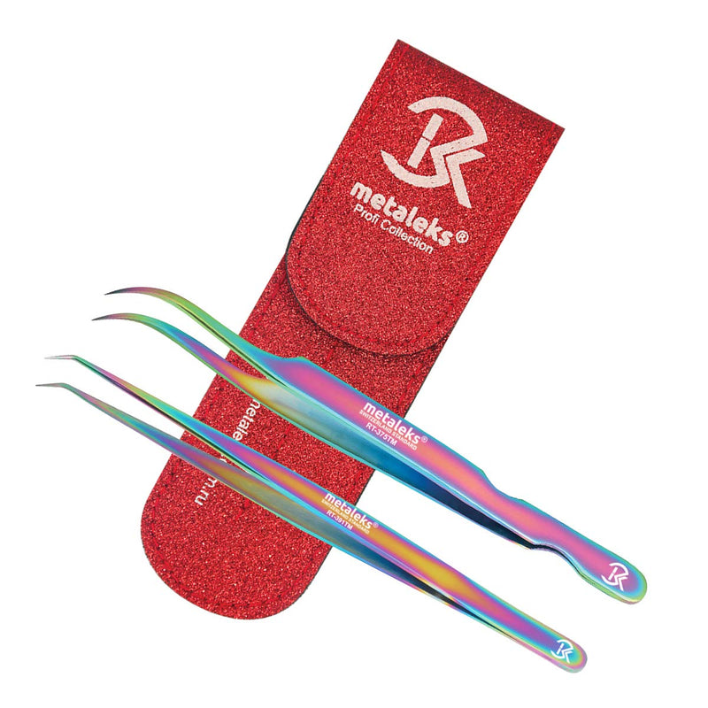 2Pcs Eyelash Extension Tweezers Set Made of Japanese Stainless Steel with Pouch (Multi Titanium Coated) Multi Titanium Coated