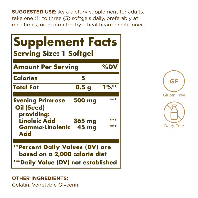 SOLGAR Evening Primrose Oil 500 mg - 90 Softgels - Cold Pressed Source of GLA - Gluten Free, Dairy Free - 90 Servings