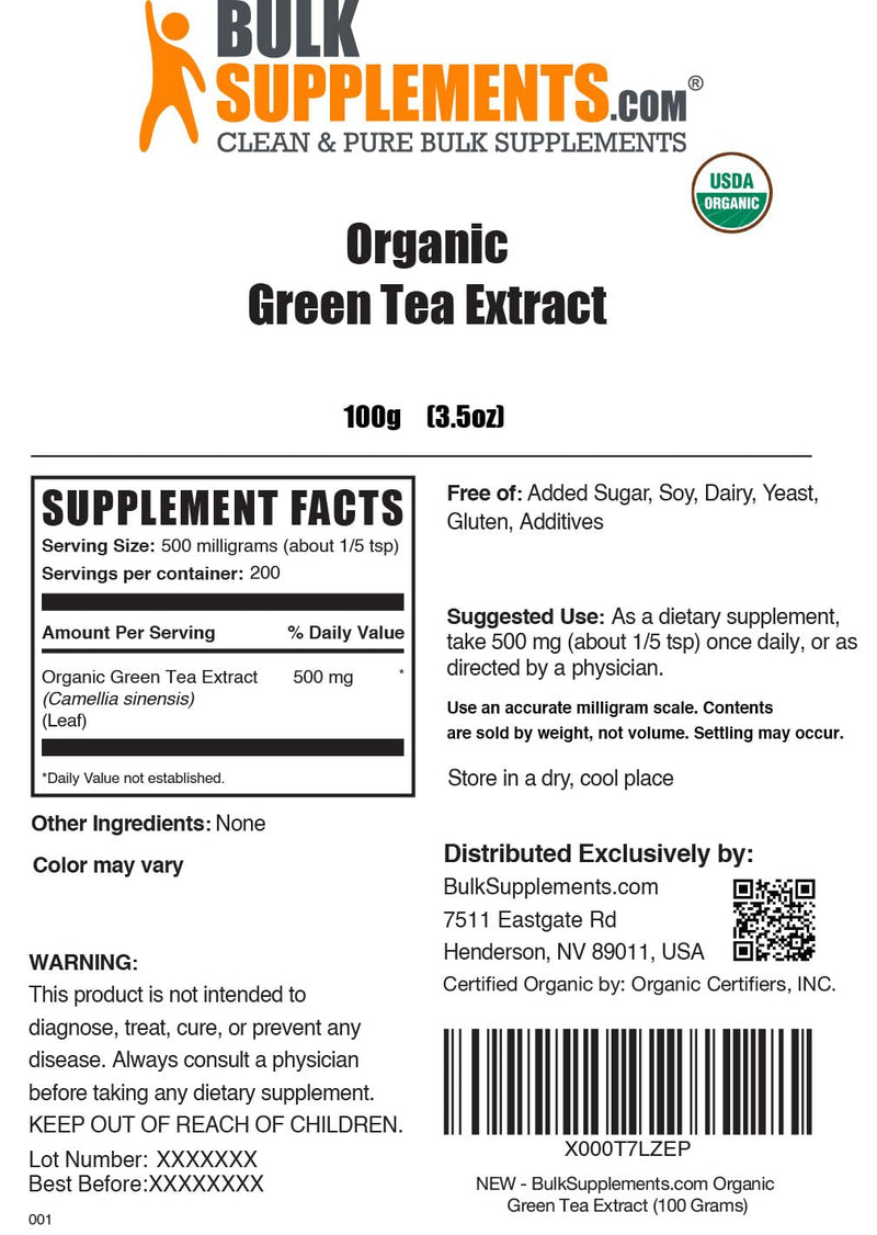 BulkSupplements.com Organic Green Tea Extract Powder - Herbal Supplement, Green Tea Supplement, Green Tea Powder - Vegan & Gluten Free, 500mg per Serving, 100g (3.5 oz) (Pack of 1) 3.5 Ounce (Pack of 1)