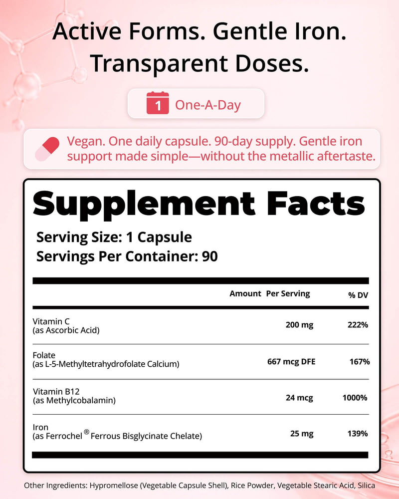 Gentle Iron Supplement for Women, Ferrochel® Iron Bisglycinate | Vitamin C, 5-MTHF Folate, Methyl B12, Easy on Stomach, High Absorption, Effective Iron & Energy Support, Vegan, 90-Day Supply