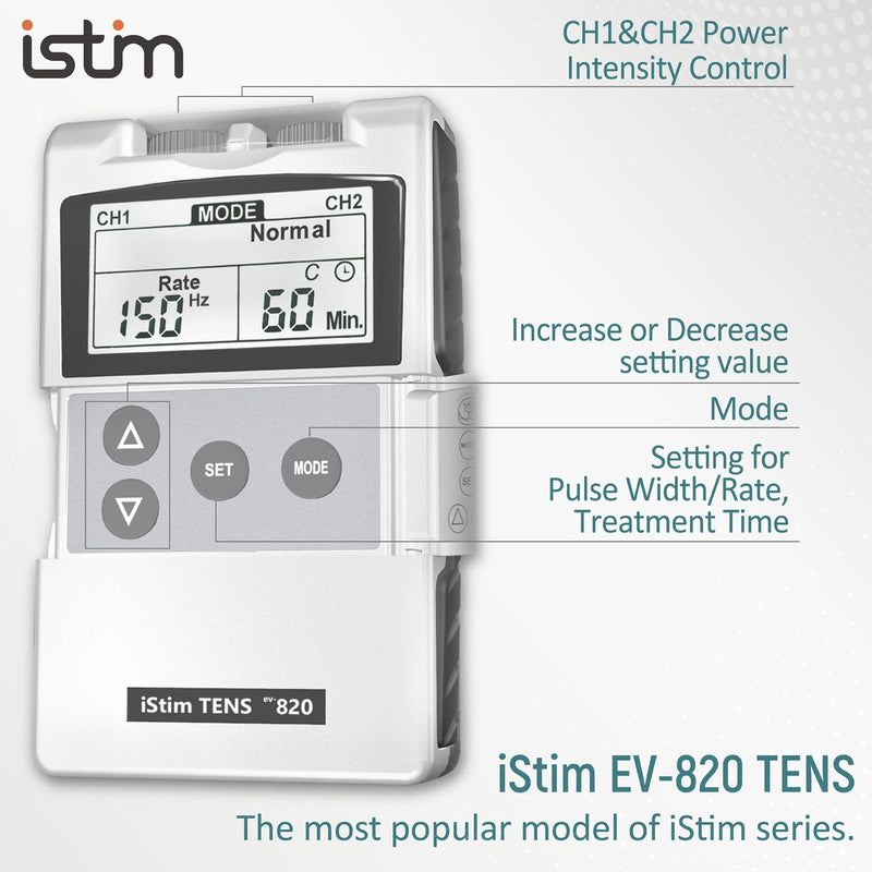 iStim Tens Unit Stimulator Machine - EV820 with 8 Electrodes Japanese Gel for Pain Management, Back Pain and Rehabilitation