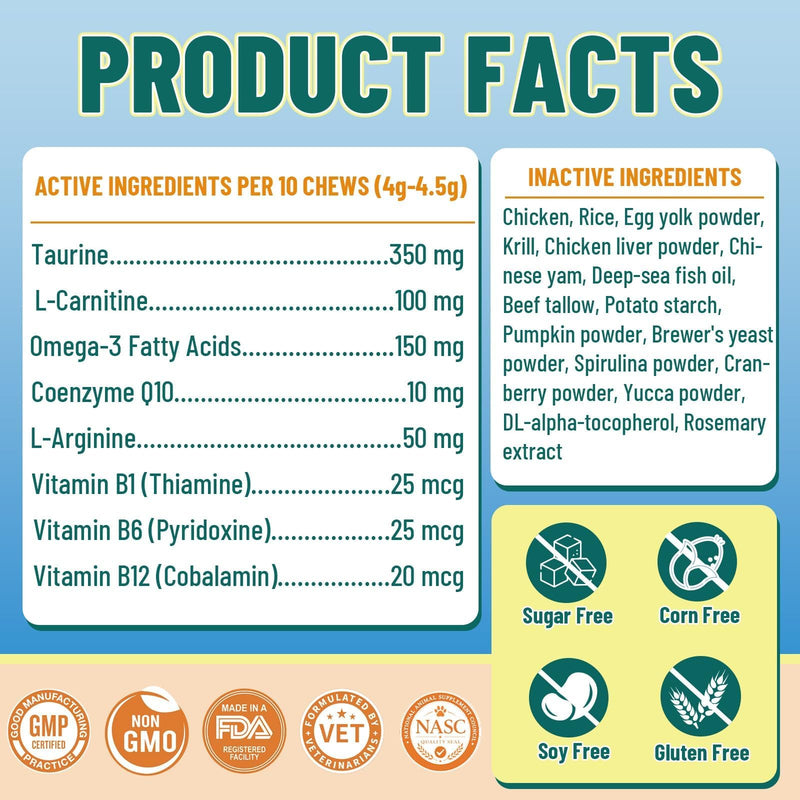 VICSOM Taurine for Cats, 500 Taurine+Coq10 Chews for Heart, Retina, Immune & Muscle Energy Support, Advanced Taurine Supplemen for Cats, Cat Treats with Omega-3, L-Carnitine, L-Arginine Chicken Taste
