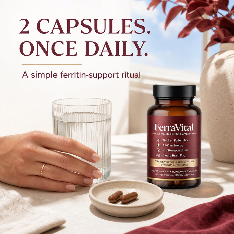 FerraVital Ferritin Support Iron Supplement for Women, 60 Capsules | With lactoferrin, vitamin C, L-lysine, active B vitamins and essential minerals for a streamlined daily routine.