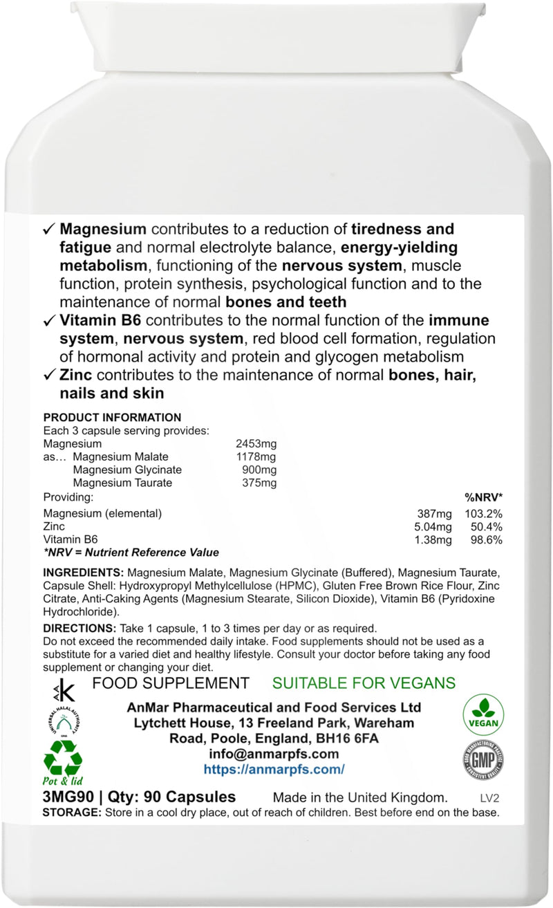 AnMar Mag3 Balance+ Magnesium Complex Capsules – Magnesium Glycinate, Malate & Taurate with Zinc & Vitamin B6 – Vegan Mineral Supplement for Muscle Function & Energy Support – 90 Capsules