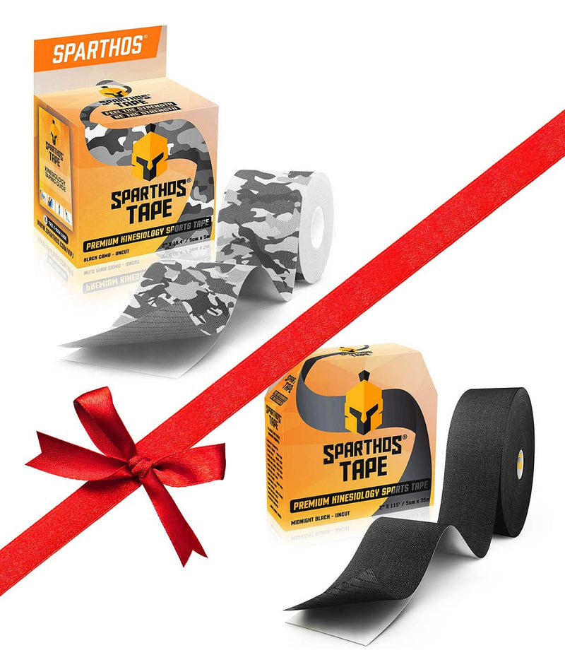 Sparthos Kinesiology Tape Bundle: Black Camo [16.4 ft Uncut Roll] + Midnight Black [Uncut 115 ft. Roll]