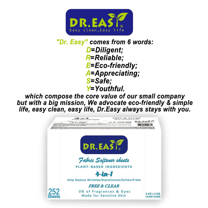 [Australia] - DR.EASY Dryer Sheets Plant Based Formula 252 Ct Fabric Softener sheets for Laundry Free & Clear Essential Oil Scented No Artificial Fragrances No Dyes Reduce Static & Wrinkles Help Repel Pet Hair 252 Count (Pack of 1) 