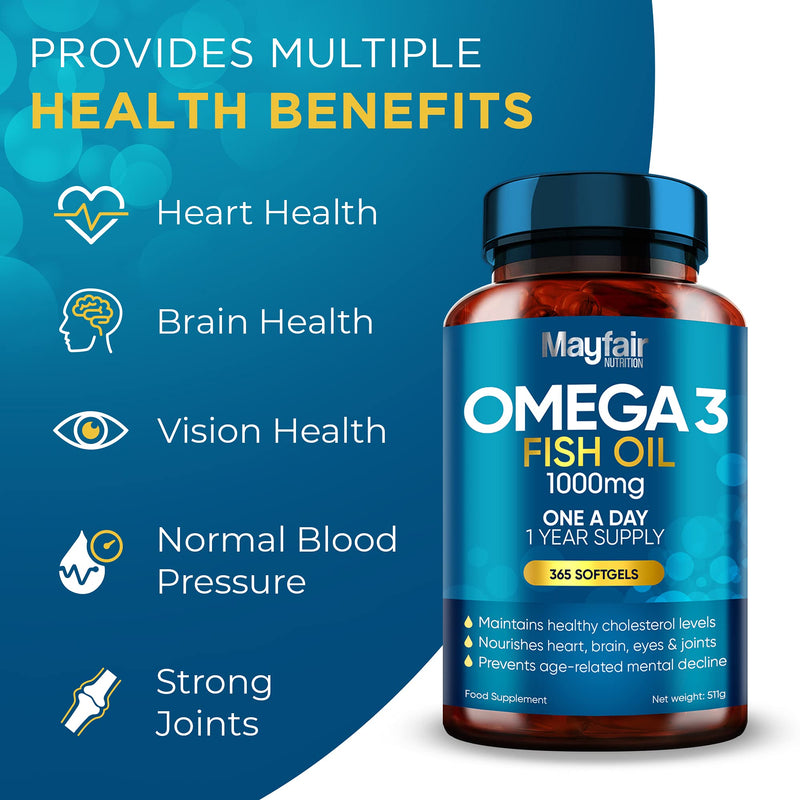 Omega 3 1000mg Capsules - 365 Fish Oil Tablets with EPA & DHA - One a Day - Supports Heart, Vision, & Brain Health - 1 Year Supply - Made in UK