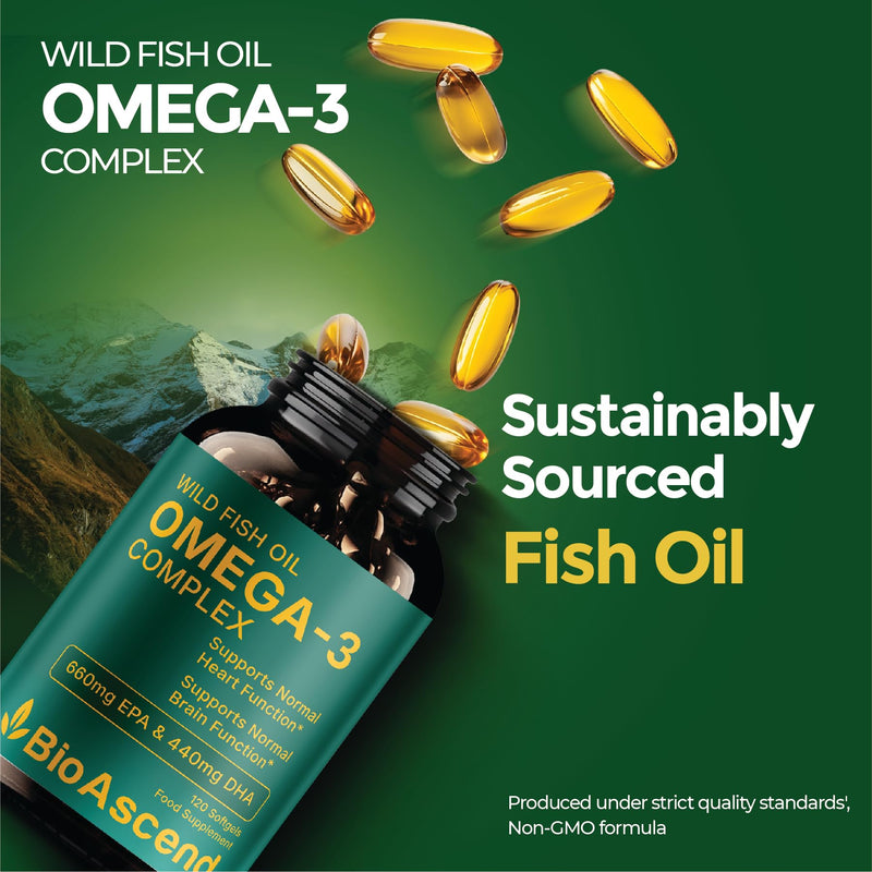 Omega-3 Fish Oil Complex 2000mg – 120 Softgels | High Strength with 660mg EPA & 440mg DHA per Daily Serving | Wild Fish Oil | Food Supplement | 2 Months Supply