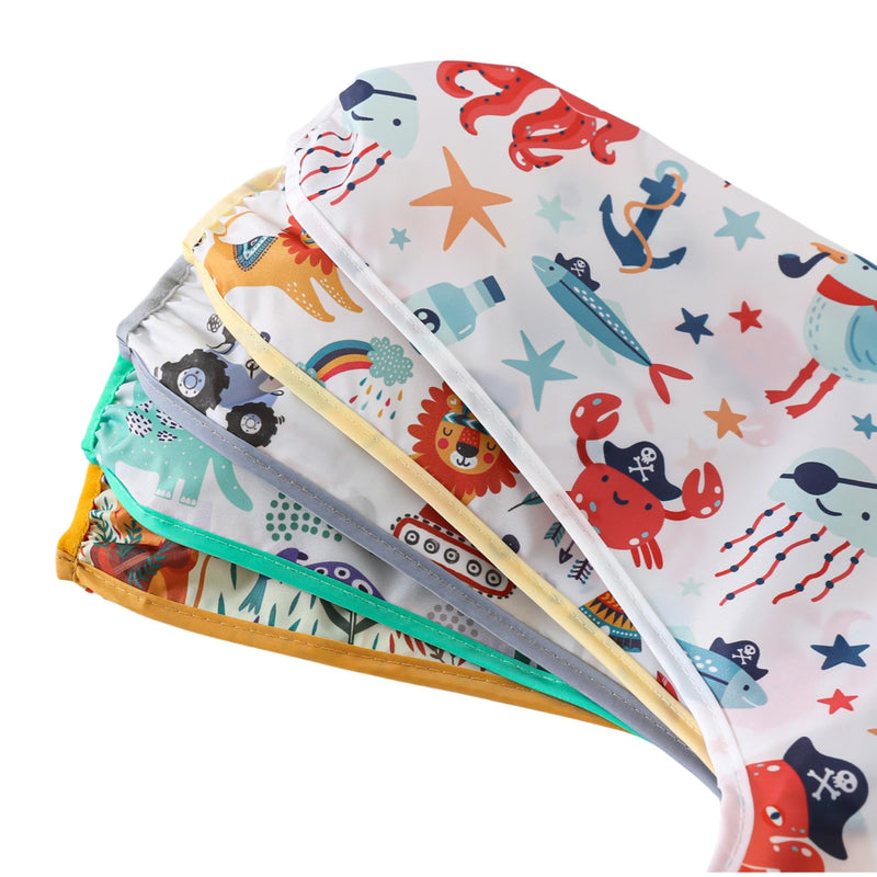 [Australia] - Sleeved Bib,5 Pack,Waterproof Shirt Bibs for Baby 3-24 Months Wipe Clean Dino/Lion/Trucks/Pirate/Forest 
