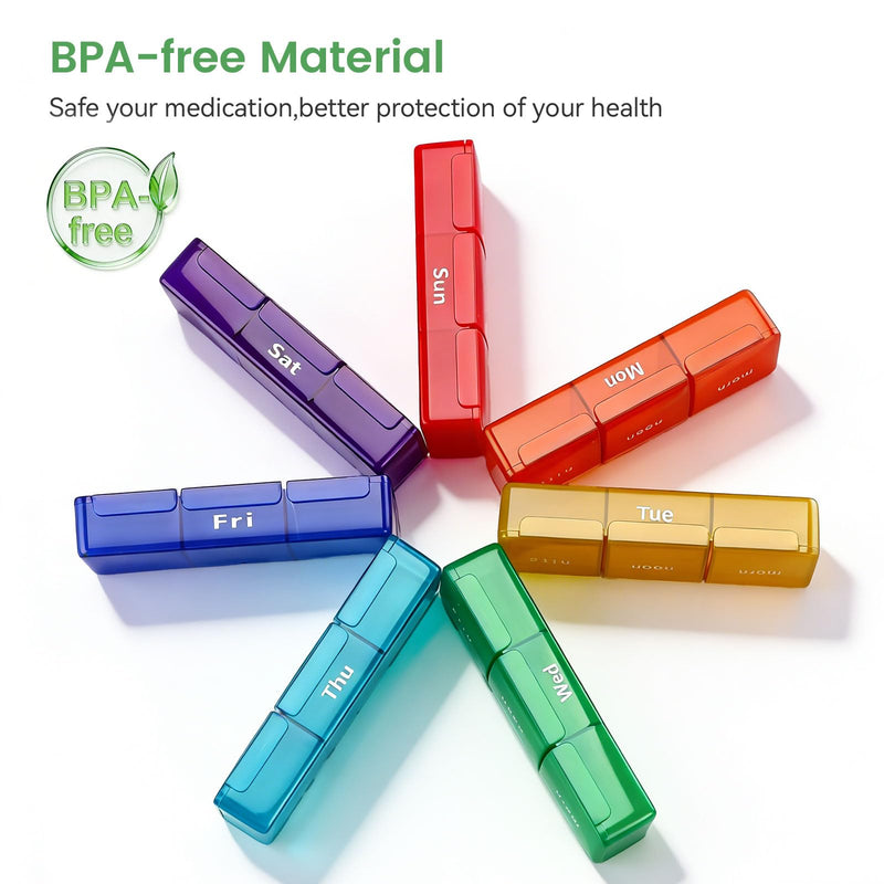 Large Weekly Pill Organizer, 7 Day Pill Box with AM Noon PM Compartments | Removable BPA-free pill case for vitamins, supplements, medicine, and travel use.