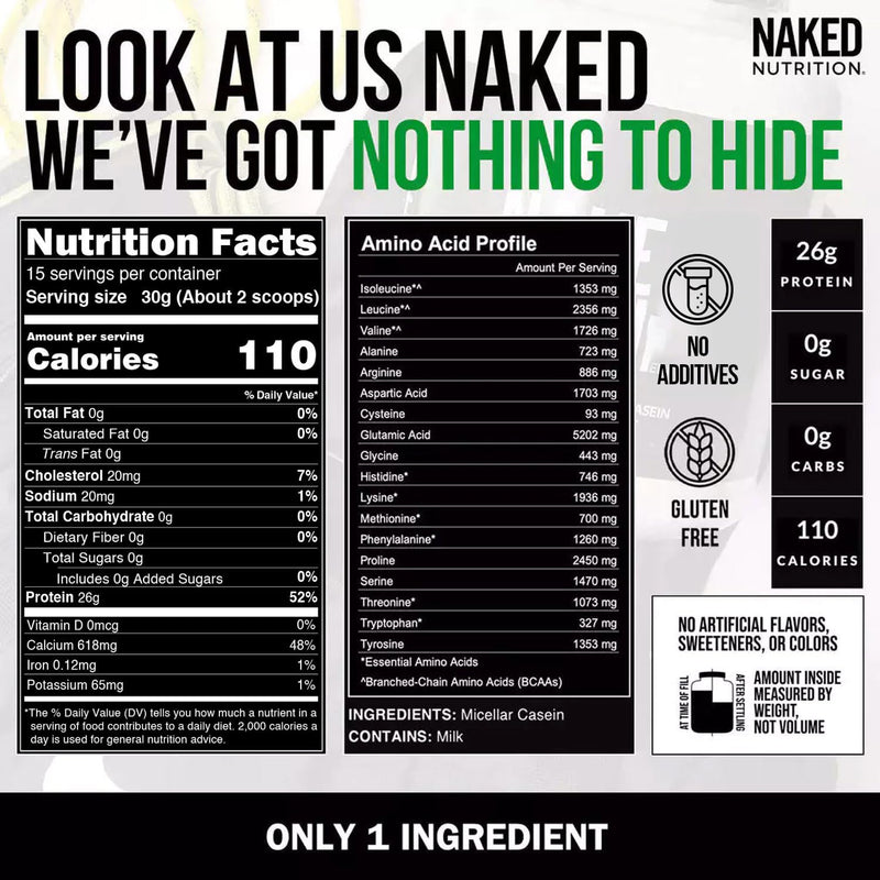 NAKED Casein - 1Lb Micellar Casein Protein - Bulk, Zero Carb, NSF Certified, GMO-Free, Gluten Free, Soy Free, Preservative Free - Stimulate Muscle Growth - Enhance Recovery - 15 Servings Unflavored 1 Pound (Pack of 1)