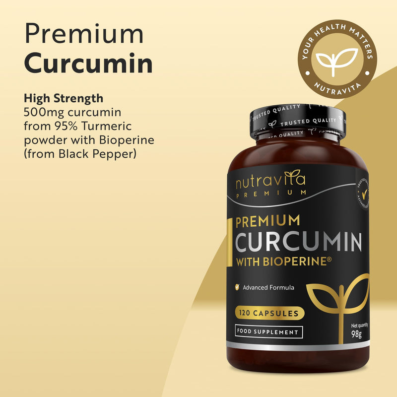 Nutravita Premium Curcumin 95% Curcuminoids with Bioperine® Black Pepper Extract - 120 High Strength Vegan Curcumin Capsules - Turmeric Tablets Alterative - Turmeric Supplement to Enhance Absorption 500mg Circumin + 2mg Bioperine