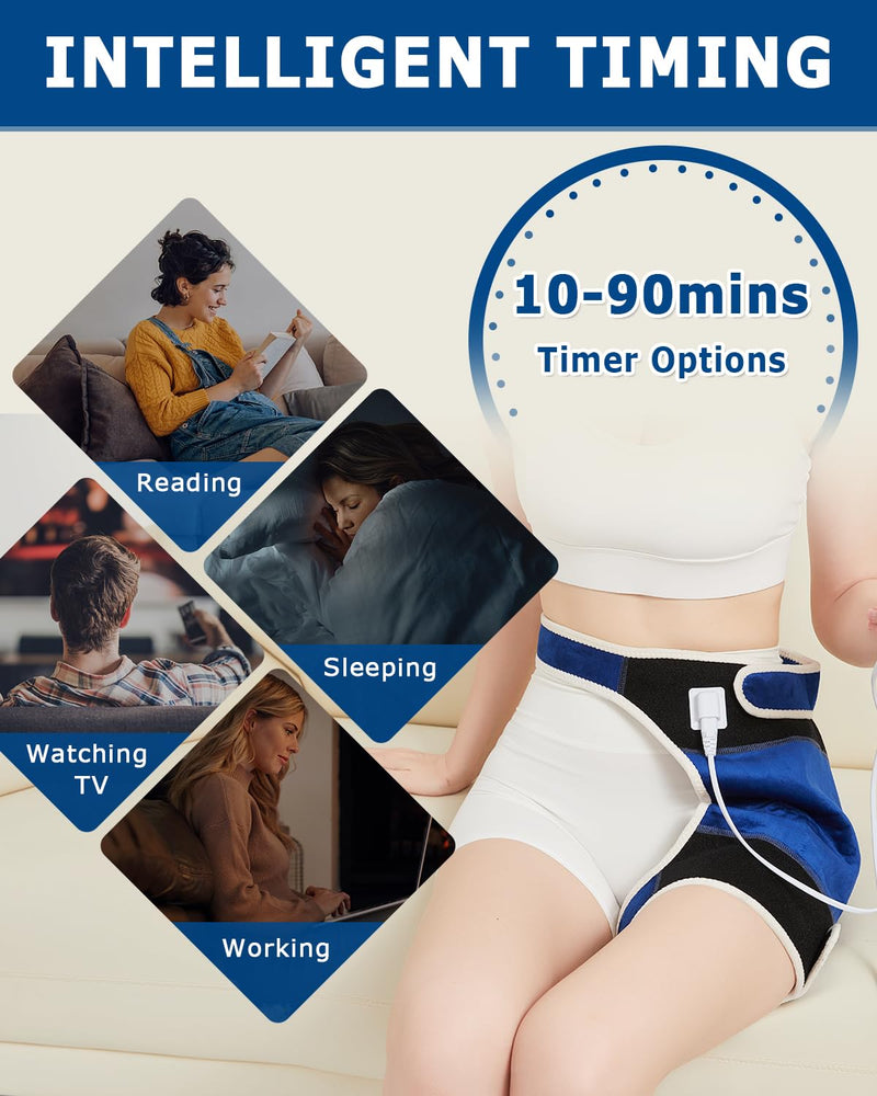 Hip Heating Pad for Hip Pain Relief, Electric Hip Brace for Sciatica Pain Relief, Super Soft Heating Pad for Hip with 10-90min Auto-Off Timer, 86-158℉ Heat Level