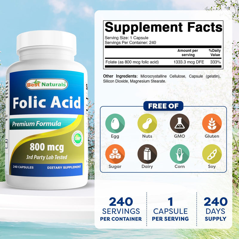Best Naturals Folic Acid 800 mcg 240 Capsules (Pack of 2) 240 Count (Pack of 2)