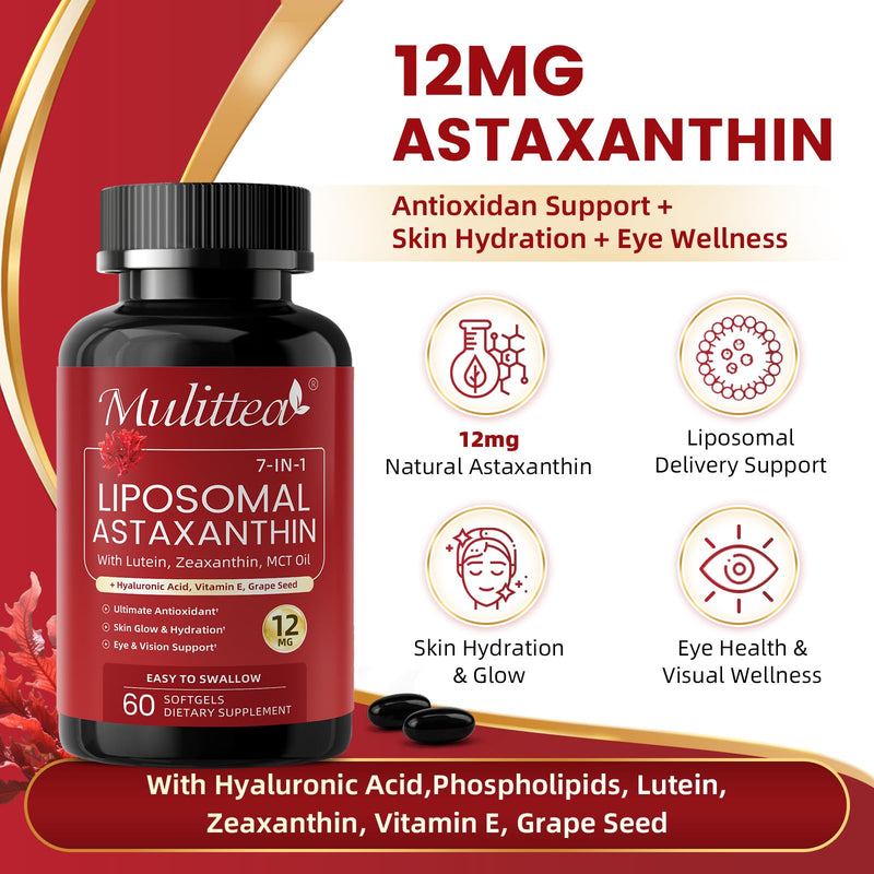 Liposomal Astaxanthin 12mg with Hyaluronic Acid & Lutein for Skin & Eye | 7-IN-1 Vegan Softgels with Vitamin E, Zeaxanthin, Phospholipids & MCT for Antioxidant, Skin Hydration, GMP, Gluten Free,180ct 90 Count (Pack of 2)