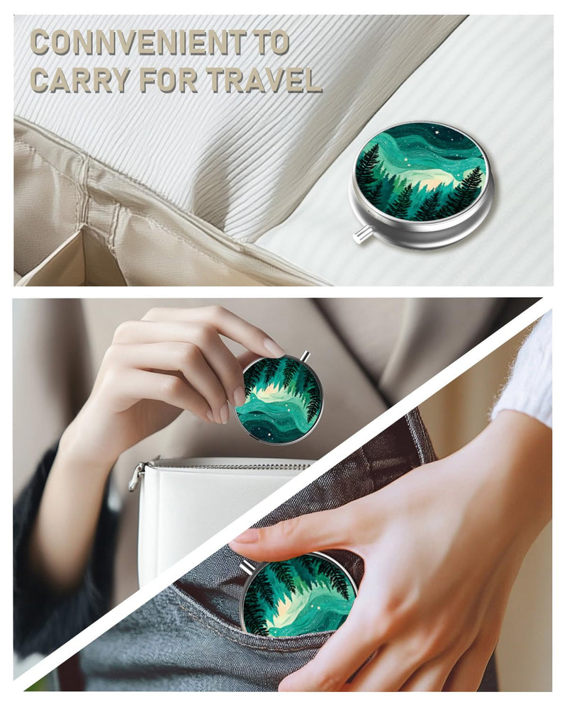 Pill Box, 3 Compartment Portable Travel Medicine Box with Mirror | Compact and Cute, Fits in Purse and Pocket, Medicine and Vitamin Organizer, Forests