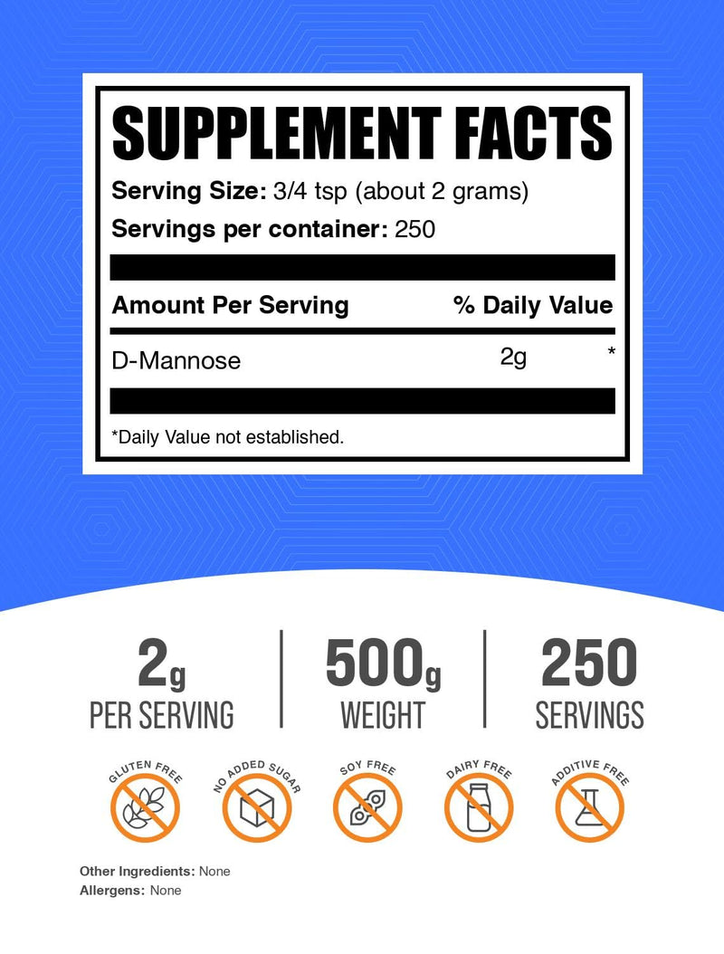 BulkSupplements.com D-Mannose Powder - D-Mannose Supplement, for Urinary Tract Health - Unflavored & Gluten Free, 2g per Serving, 500g (1.1 lbs) (Pack of 1) 1.1 Pound (Pack of 1)