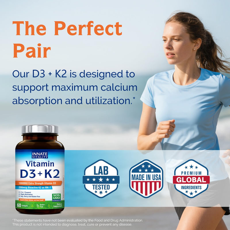 Innate Vitality Vitamin D3 K2, High Potency Vitamin D3 10000iu, 60 Softgels | w/ Vitamin K2 (MK-7) 200 mcg, Supports Bone, Teeth, Heart & Immune Health Non-GMO, Gluten Free 60 Count (Pack of 1)