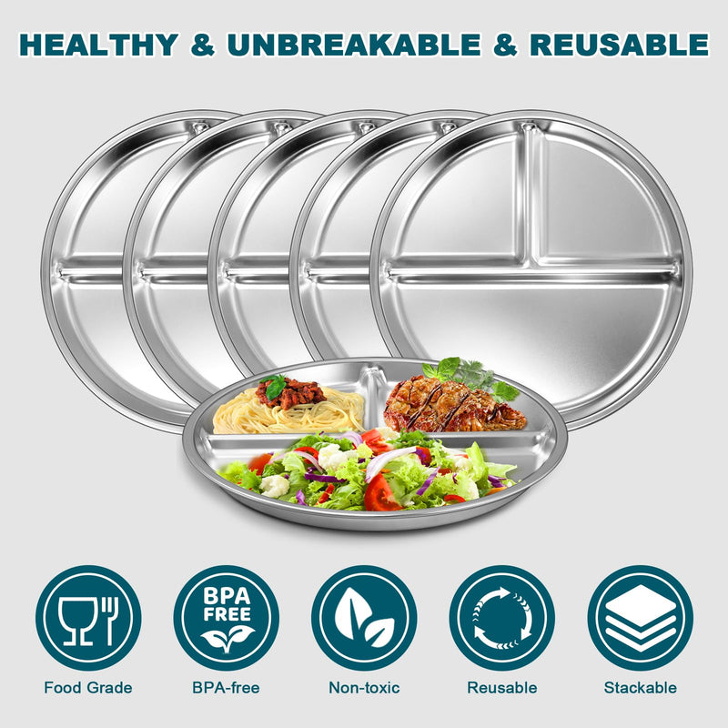 [Australia] - EWFEN Stainless Steel Toddler Plate Set of 6, 9" Portion Control Plates Divided Plate for Adults Kids Balance Lunch, Non Slip | Unbreakable Toddler Baby Feeding Set Dishwasher Safe 