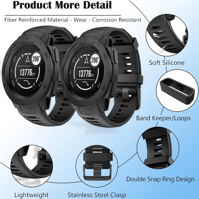 2 Pack Waterproof Band Compatible with Garmin Instinct Watch Bands, 22mm Soft Silicone Replacement Watch Strap for Garmin Instinct 2 / Instinct Esports/Solar/Tactical black+black