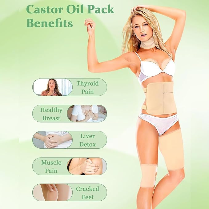 9 Pcs Castor Oil Pack Wrap Organic Cotton for Liver Detox, Stomach, Belly, Neck, Breast, Knee, Foot & Entire Body, Reusable Pads Kit for Hot/Cold Compress with Adjustable Elastic Strap